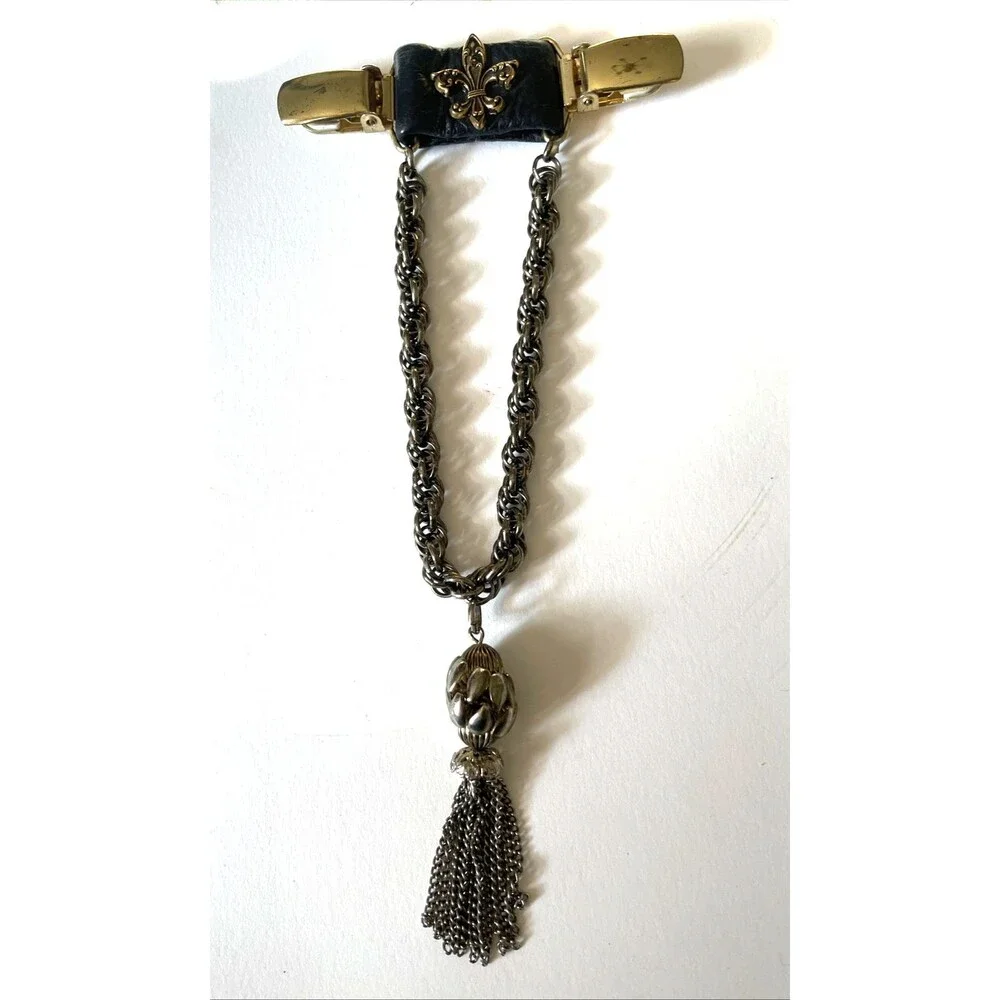 Vintage 80s Jacket Clip Goth Fleur De Lis Chain Tassel